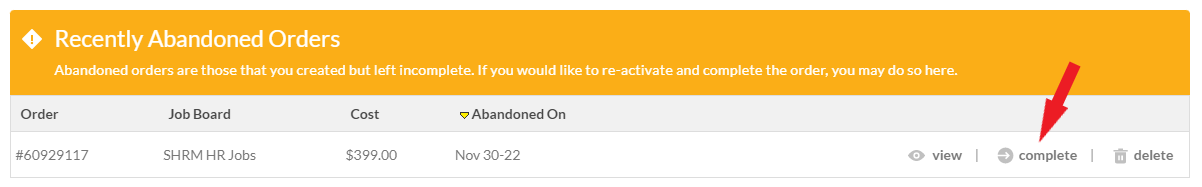 screenshot of abandoned orders section from the my account page of an employer portal
