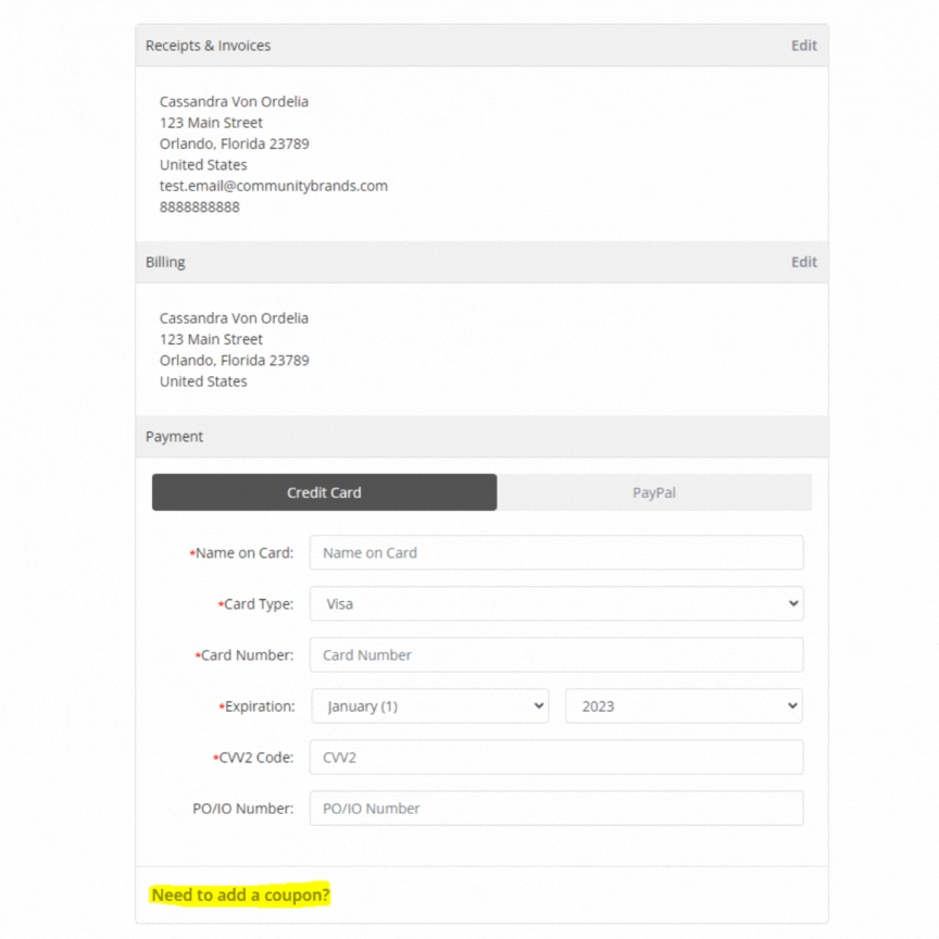 GIF showing the coupon box on the payment page, just under where a credit card would be added