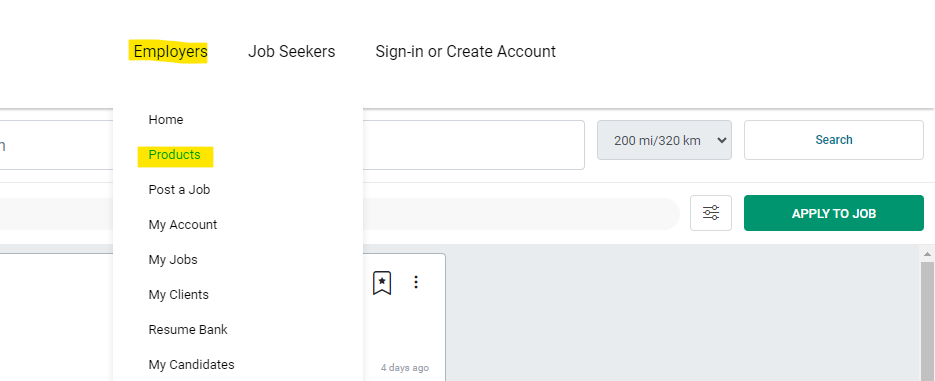 screenshot highlighting the employer tab and the products option under it