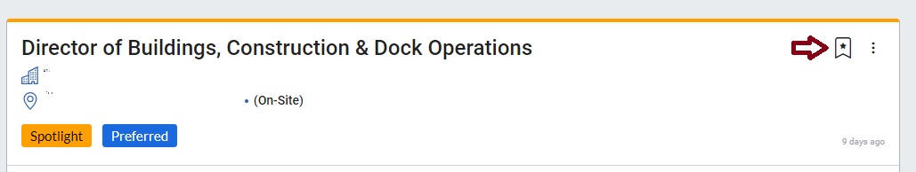 screenshot of a job posting with a red arrow pointing to the bookmark symbol to the upper right