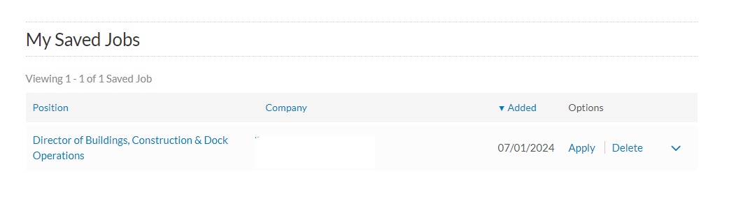 screenshot of saved jobs section of the my account page