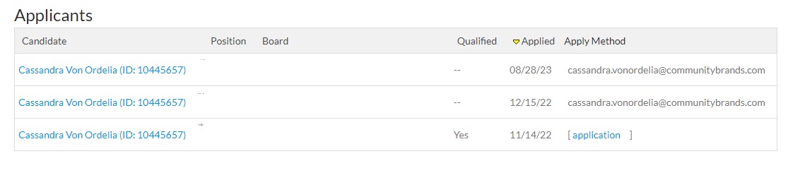screenshot of candidate pool page showing 3 applications/candidates