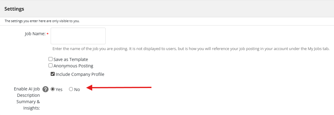screenshot of job settings section for AI enablement. there is a red arrow pointing to the yes and no radio buttons