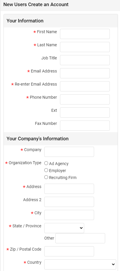 screenshot of account creation section of login page