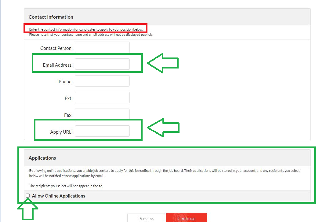 screenshot of contact information section of job posting form. fill in an email address for email applications, a URL for directing candidates to your site, or click on allow online applications for job board.