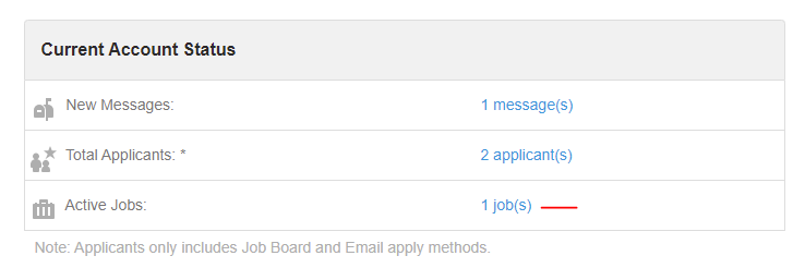 screenshot of current account status page, specifically calling out the active jobs link