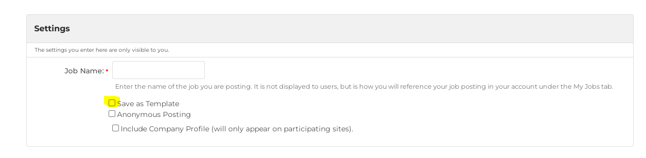 screenshot of the save as a template option highlighted on the job posting form